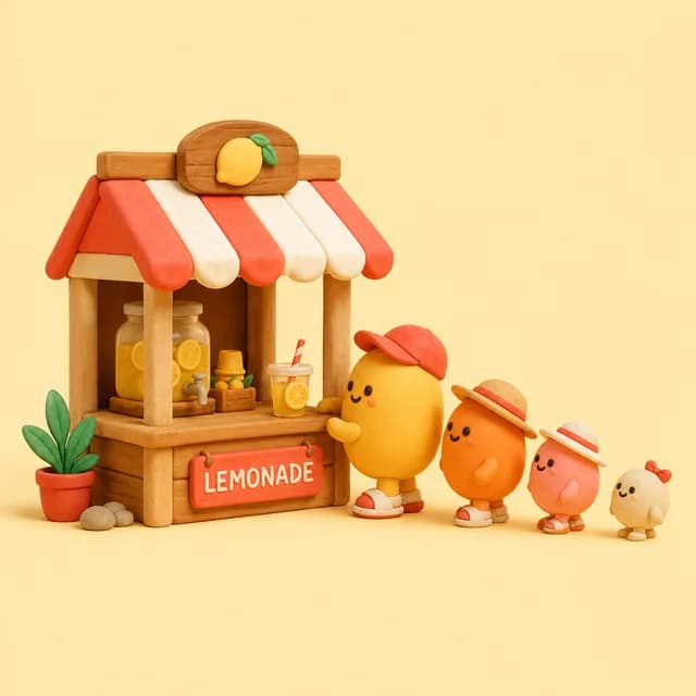A clay lemonade kiosk with a queue of cute customers lined up
