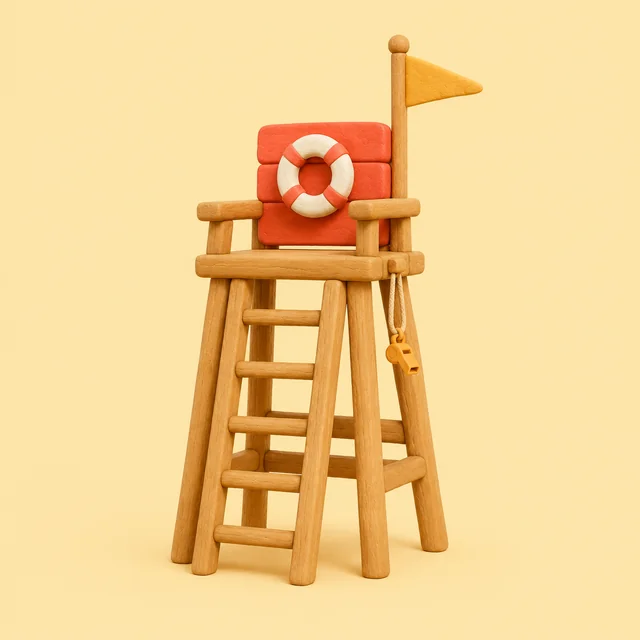 A tall wooden clay lifeguard chair with a lifebuoy, flag and whistle