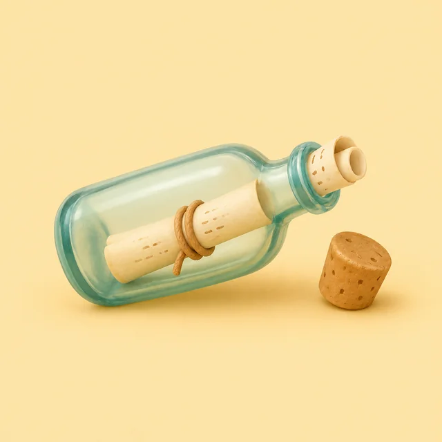 A message in a glass bottle washed up on beach sand, note tucked inside