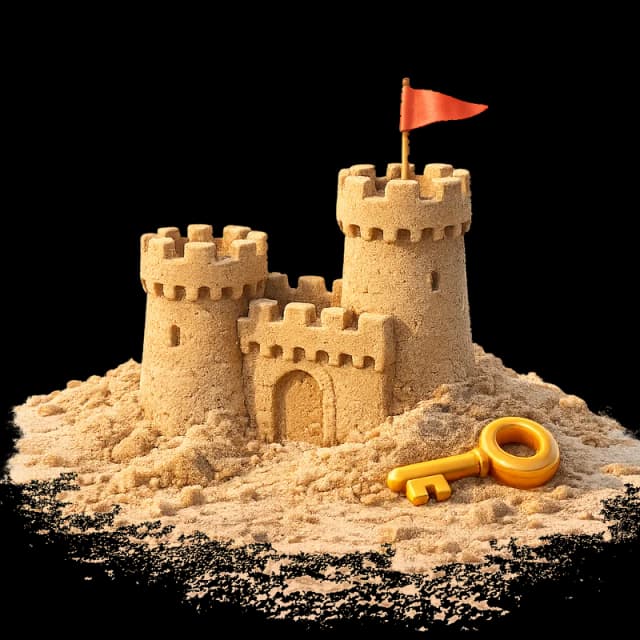 A finished sandcastle flying a red flag with a golden key in the sand beside it