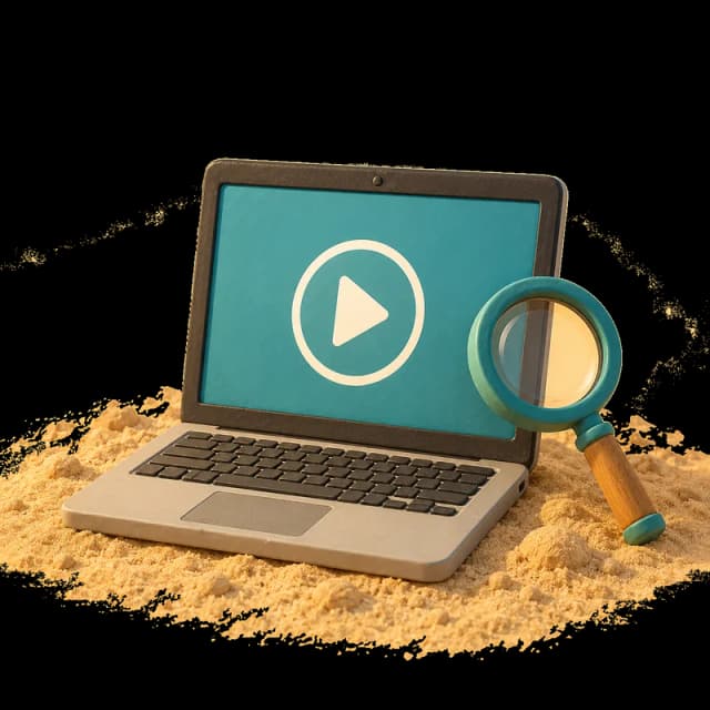A clay laptop in the sand showing a play button, with a magnifying glass leaning on it