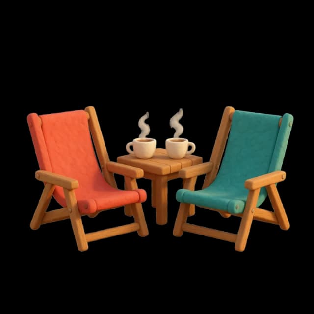 Two toy deck chairs facing each other with two coffee cups on a small table